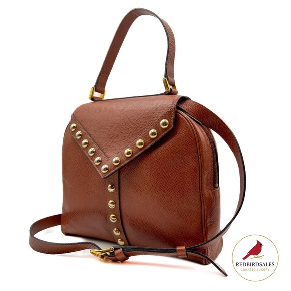 YSL Vintage Studded Brown Leather Satchel Crossbody 2-Way Bag - Picture 1 of 15